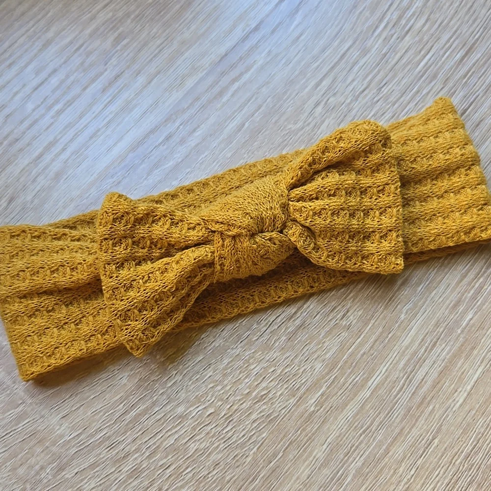 Mustard Yellow Waffle Knit Baby Girl Headband Soft Bow Headwrap Hair Accessory